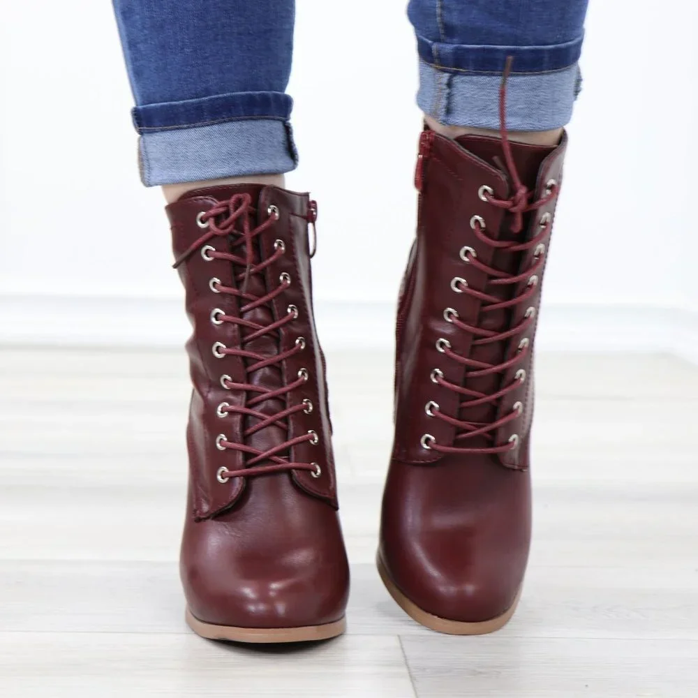 Lace-Up Block Cone High Heeled Ankle Boots Synthetic Leather - Picture 11 of 15